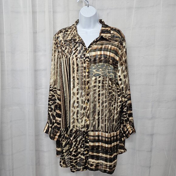 Chico's Brown Button Down Leopard Tunic Metallic Sheer Mobwife 2 (L) - Picture 1 of 12